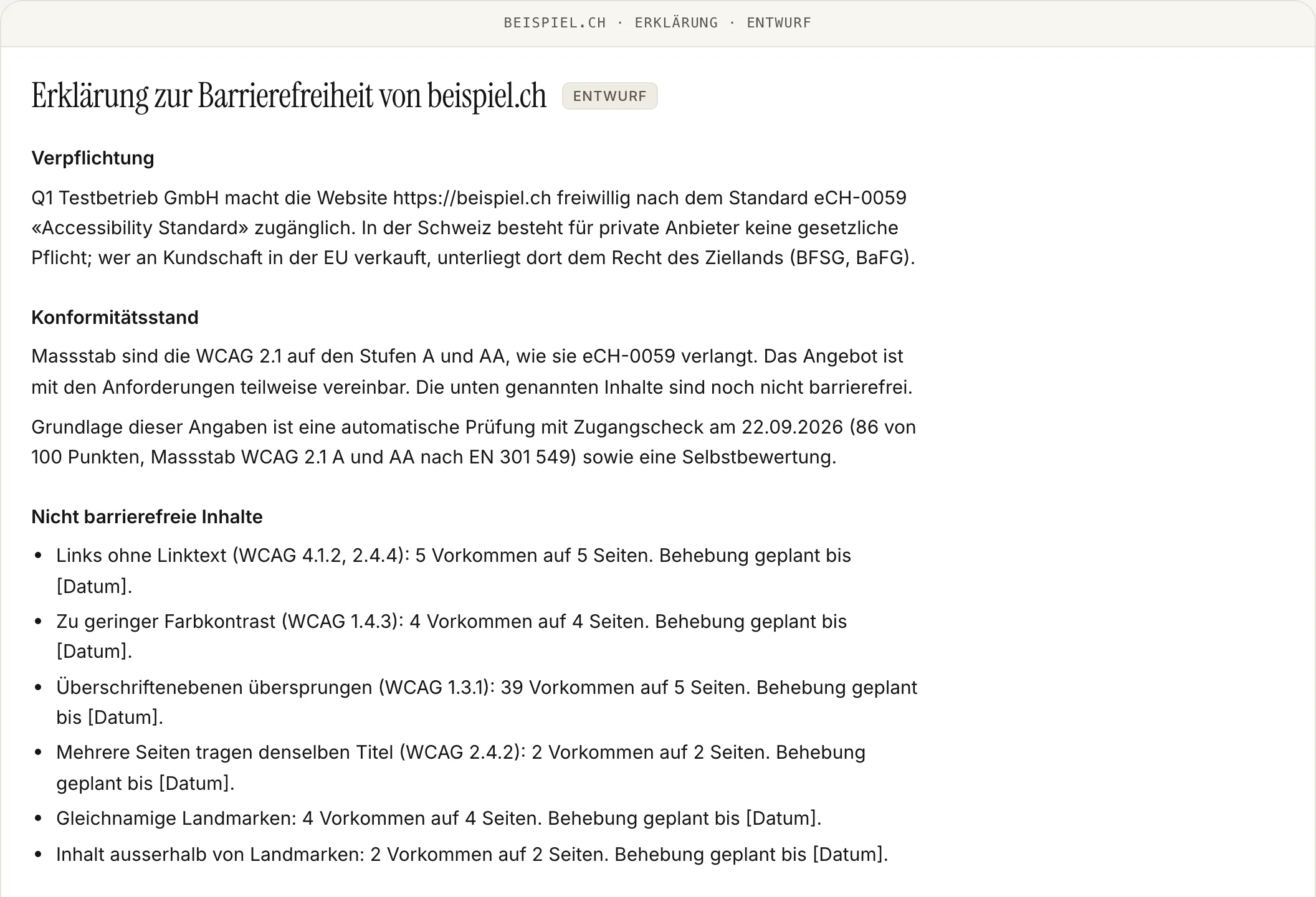 Vorschau der Erklärung zur Barrierefreiheit für beispiel.ch im Konto, als Entwurf gekennzeichnet: Titel, Stand der Vereinbarkeit, nicht barrierefreie Inhalte aus den Befunden, Feedback und Kontakt.